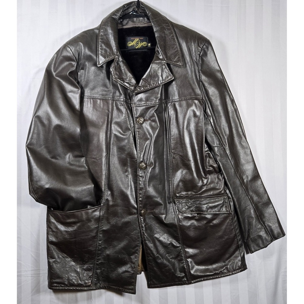 Vintage 70s Montgomery Ward MW Leather Coat 46 Tall Brown Car Coat Faux Fur Line - Picture 2 of 13